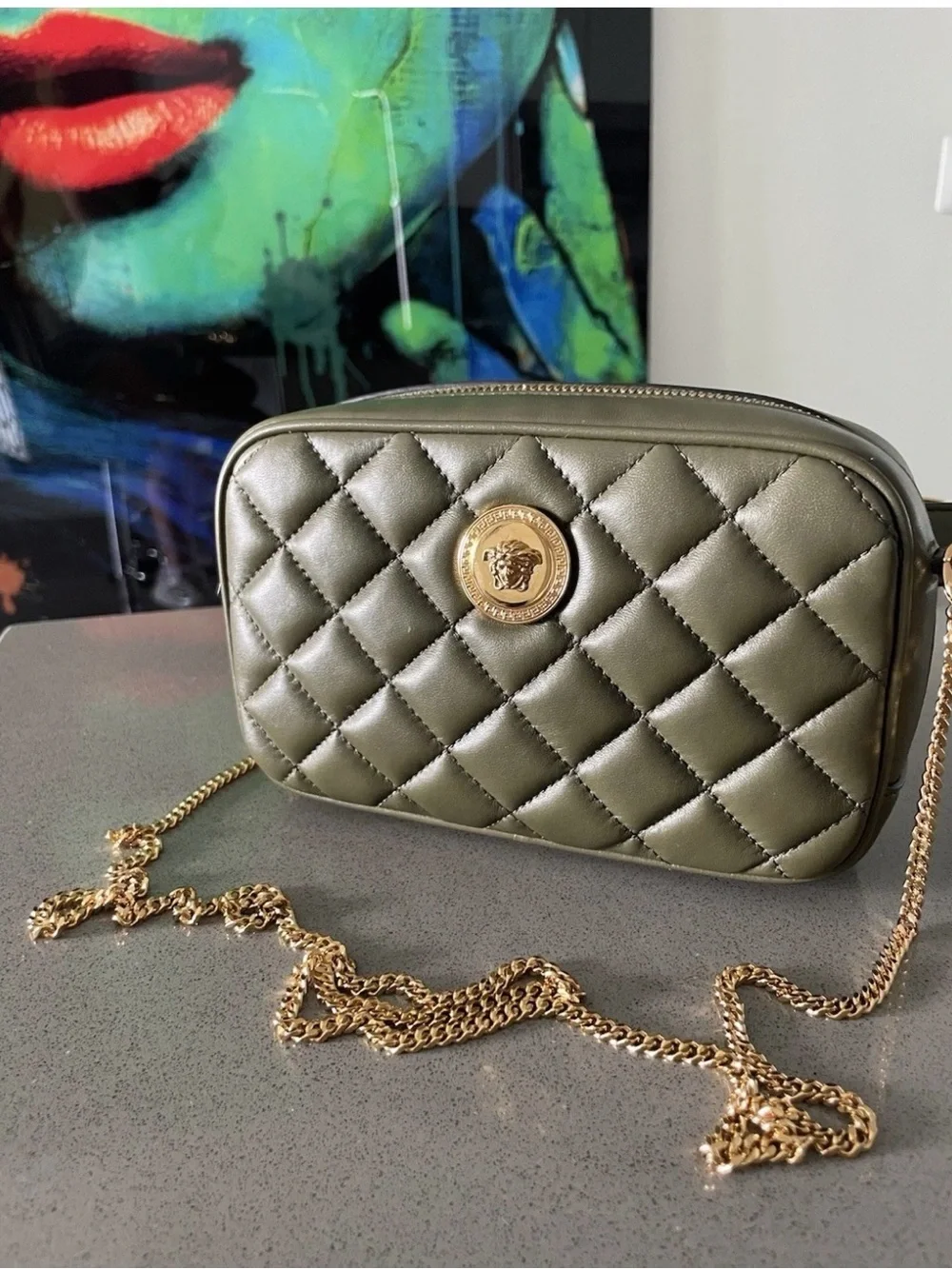 Versace Quilted Olive Green Leather Crossbody with Gold Medallion
